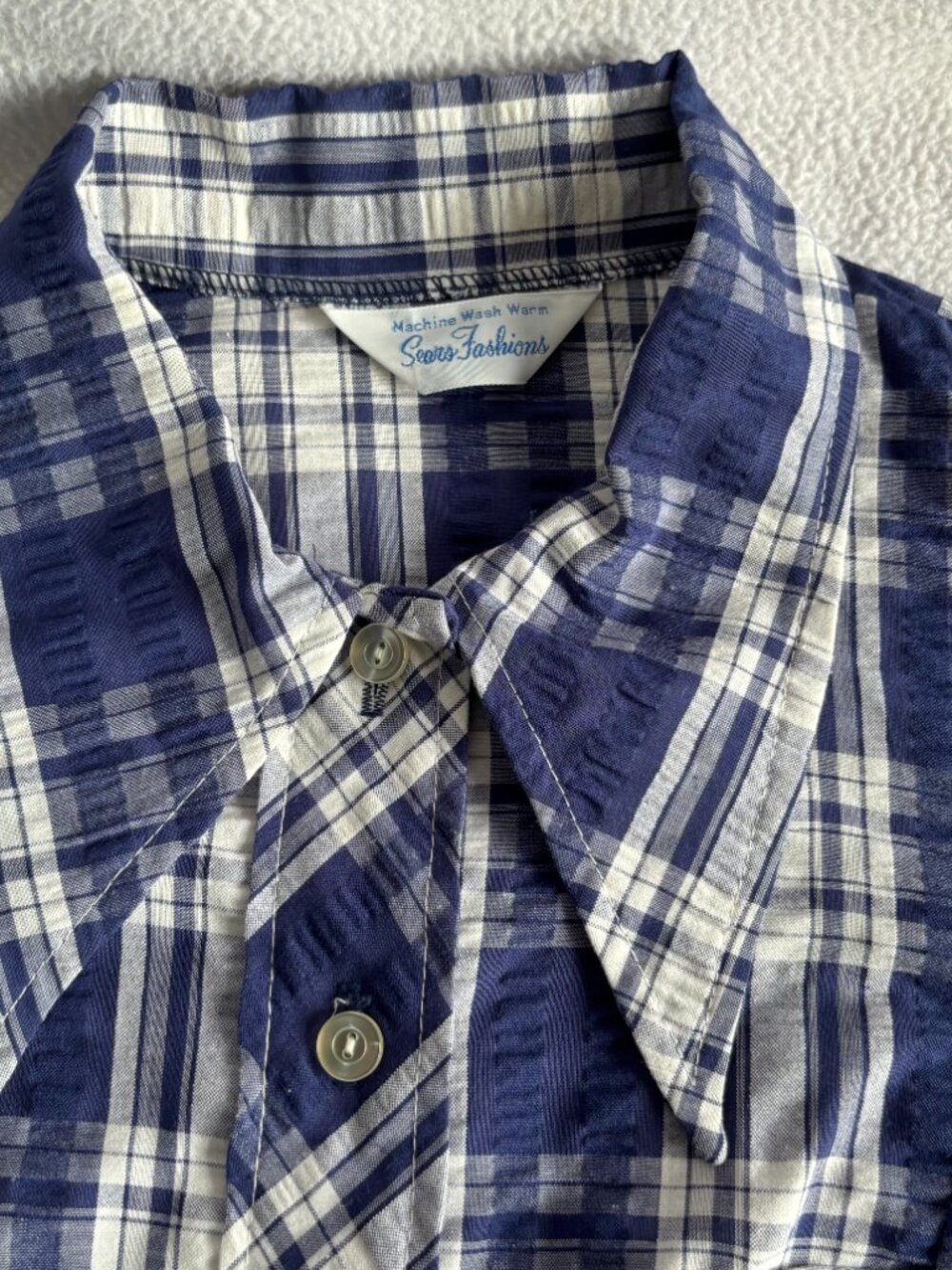 Vintage 1970s Dagger Collar Blue Plaid Crinkly Cotton Hip Length Blouse - Picture 6 of 7